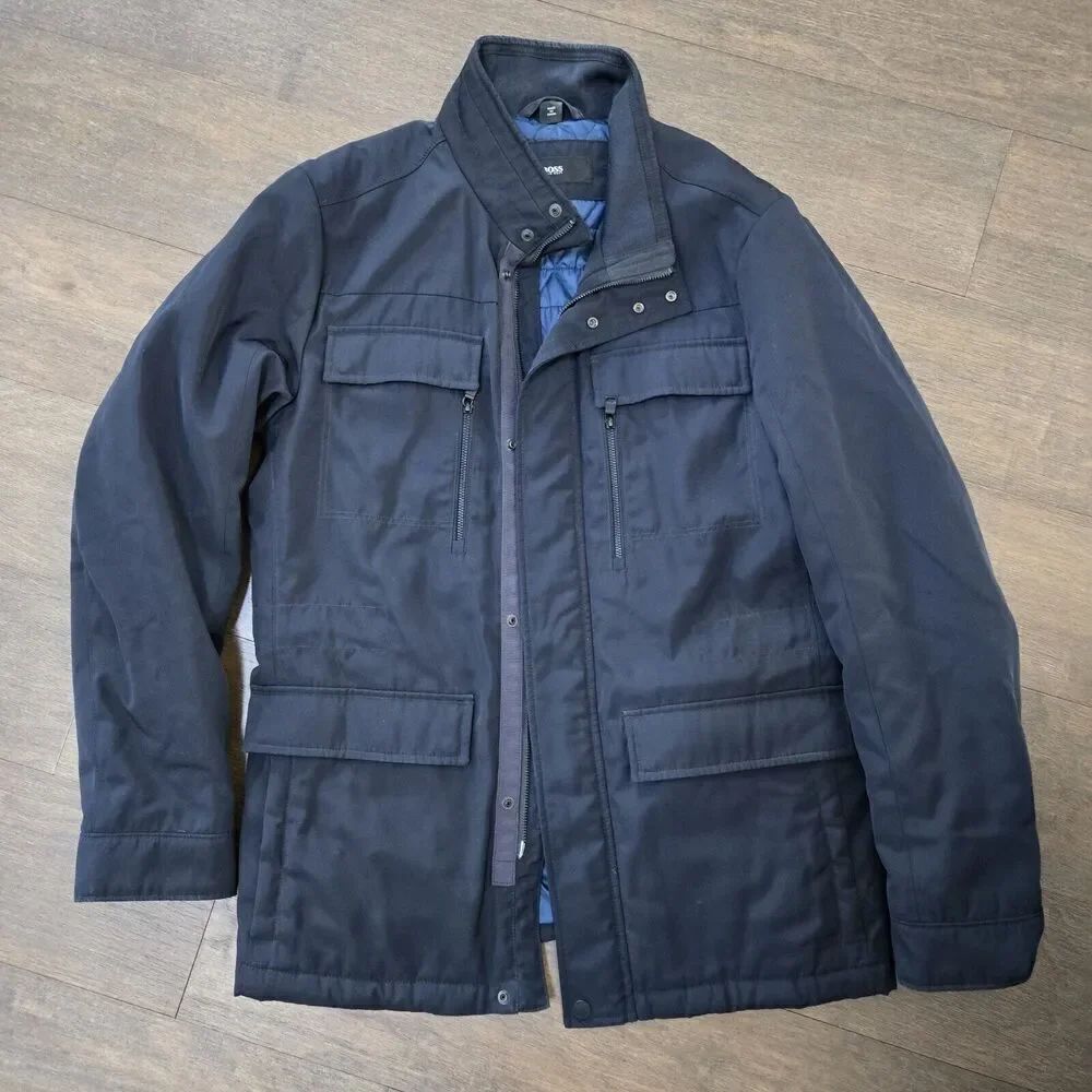 Hugo Boss Jacket Mens 42R Black with Blue Quilted Lining Designer